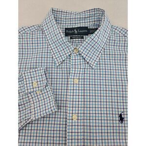 Ralph Lauren Men's 17.5 Blue Plaid Custom Fit Long Sleeves Button Shirt‎